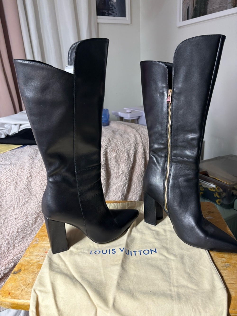 Louis Vuitton Black Leather Knee-High Block Heel Boots with Side Zip